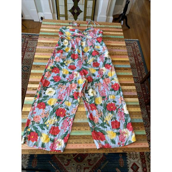 Old Navy Pants - OLD NAVY XL Petite LINEN Lounge Romper Jumpsuit Wide Leg Smocked Floral BOHO